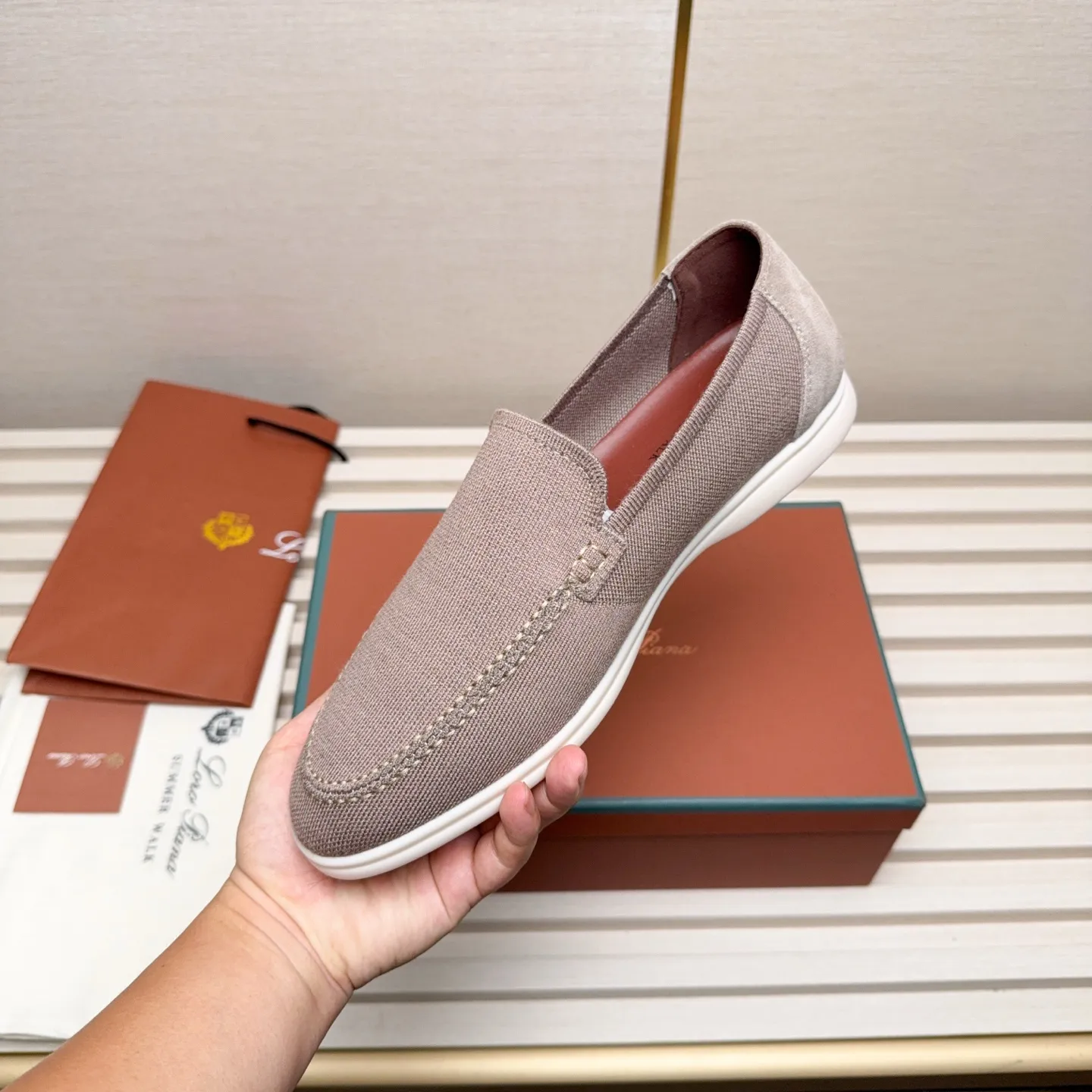 Men's Men's Shoes 💰400 Loro PIana moccasins are made of wish wool fabric. The upper is made of knitted fabric, made on a loom, and then attached to a rubber sole. The Rain System's water-repellent treatment enhances the shoe's functional design, while the suede details give the shoe a sense of elegance and sophistication. Made from Wish, fine wool from Australian and New Zealand Merino sheep